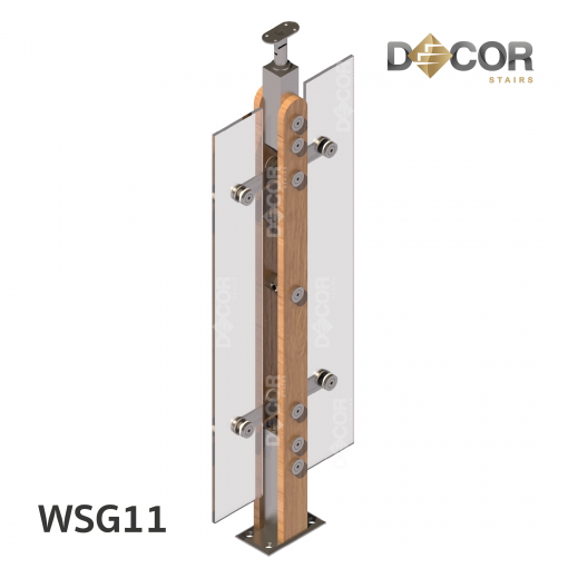 ราวบันได กันตก สแตนเลส | WSG11 เสาสแตนเลสประกบไม้ กันตกกระจกเทมเปอร์ รูปร่างที่ 1 | Décor Stairs