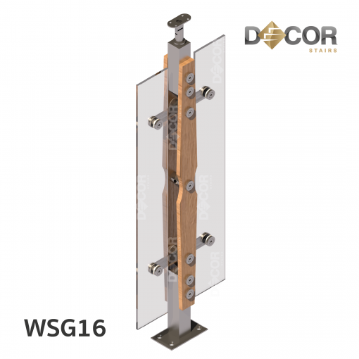ราวบันได กันตก สแตนเลส | WSG16 เสาสแตนเลสประกบไม้ กันตกกระจกเทมเปอร์ รูปร่างที่ 6 | Décor Stairs