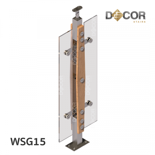 ราวบันได กันตก แสตนเลส | WSG15 เสาสแตนเลสประกบไม้ กันตกกระจกเทมเปอร์ รูปร่างที่ 5 | Décor Stairs