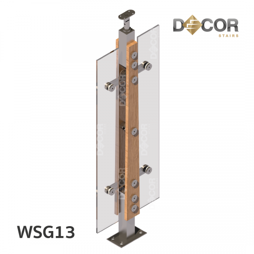 ราวบันได กันตก สแตนเลส | WSG13 เสาสแตนเลสประกบไม้ กันตกกระจกเทมเปอร์ รูปร่างที่ 3 | Décor Stairs