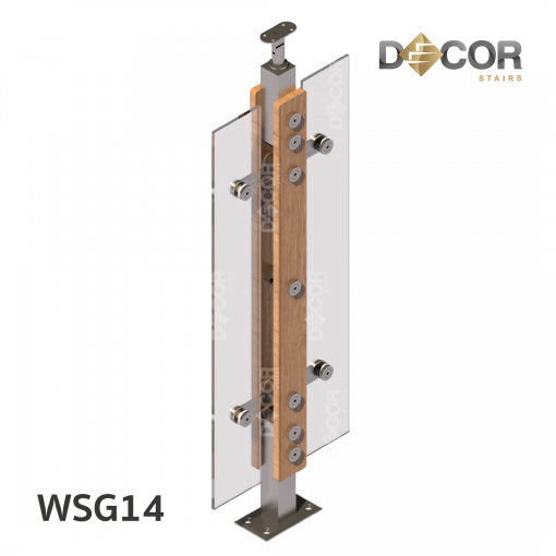 ราวบันได กันตก สแตนเลส | WSG14 เสาสแตนเลสประกบไม้ กันตกกระจกเทมเปอร์ รูปร่างที่ 4 | Décor Stairs